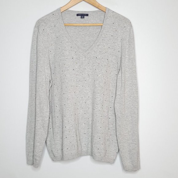 TOMMY HILFIGER Grey Cotton V-neck Sweater w Rose Gold Studs size XL - Picture 2 of 12